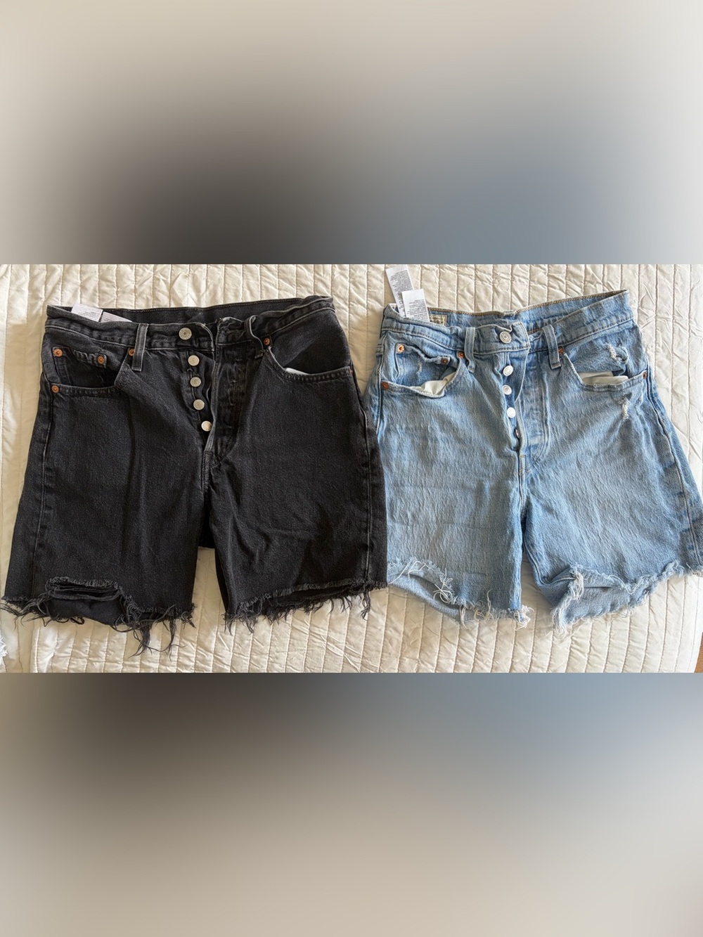 Levi's Frayed Hem High-Rise Jean Shorts - Black & Light Blue